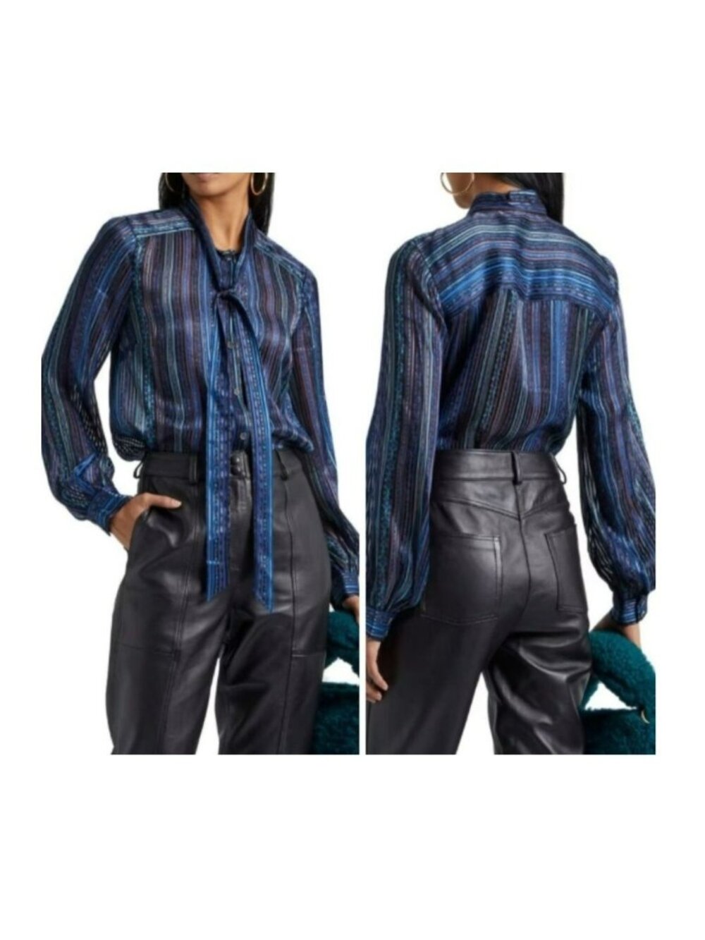 ❤️❤️Veronica Beard Sz 2 Blouse Long Sleeve Malaya Striped Tie Neck Devoré Satin